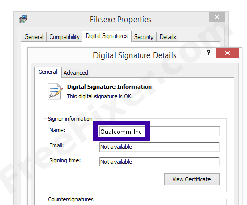 Screenshot of the Qualcomm Inc certificate